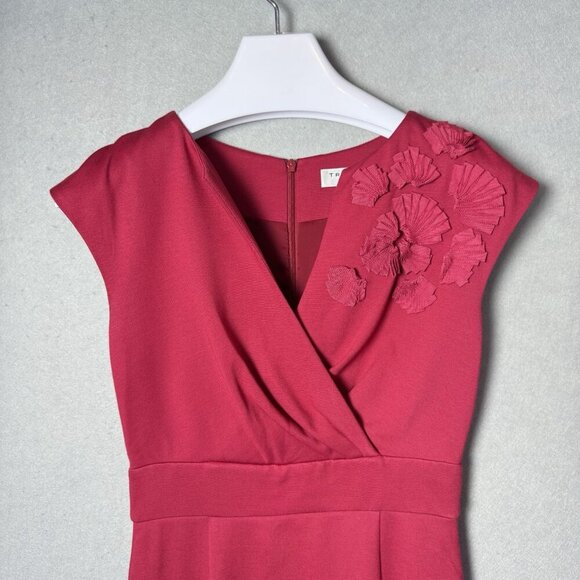 Trina Turk Angela Dress Short Sleeve Floral Embellishment Hot Pink Sheath Dress - Picture 2 of 12